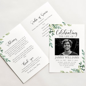 Peut inclure: Une photo en noir et blanc d'un jeune homme souriant est encadrée d'une bordure de feuilles vertes. Le texte "Celebrating the Life of James Williams" est au-dessus de la photo. Le texte sous la photo indique "July 14, 1987 - May 27, 2023", "Sunday, June 4th at 4 PM", "Salt Christian Church", "1651 N 700 W. Layton, UT 84041".