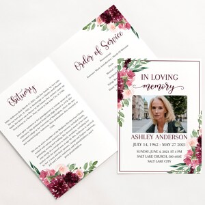 Celebration of life Burgundy Funeral Program Template, Red Roses Funeral Program Template, Red Floral Memorial Program, Obituary Program R3
