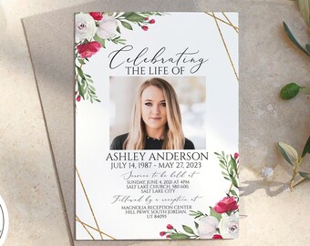Celebration of life White Pink Roses Funeral Invitation, Funeral Announcement, White Pink Roses Funeral Cards, Printable Memorial Invite P2