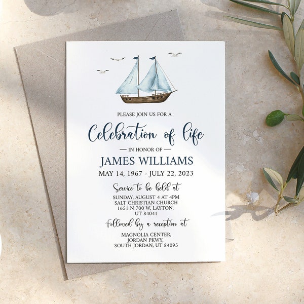 Nautical Funeral Invitation, Sailboat Funeral Announcement, Funeral Card Template, Printable Memorial Service, Celebration of Life Invite