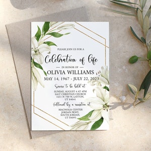 Invitación para celebrar la vida, invitación para funeral de lirios blancos, anuncio de funeral, plantilla de tarjeta de funeral, invitación para servicio conmemorativo