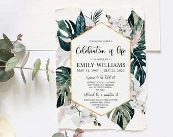 Tropical palm Celebration of life Invitation, Lush Greenery Funeral Announcement, Orchid Funeral Card, White Orchids Memorial Service Invite