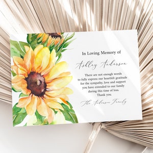Cartes de remerciement pour les funérailles de tournesol, modifiables en carte de vœux, carte de remerciement sympathie, carte de remerciement commémorative imprimable tournesol