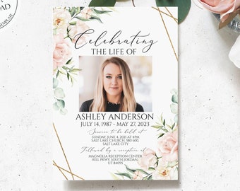 Celebration of life Invitation, Blush Pink Roses Funeral Invitation, Funeral Announcement Funeral Card Template Printable Memorial Invite P4