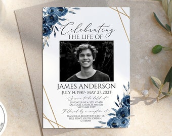 Celebration of life Royal Blue Floral Funeral Invitation, Funeral Announcement, Blue Funeral Cards, Printable Blue Memorial Invitation B2