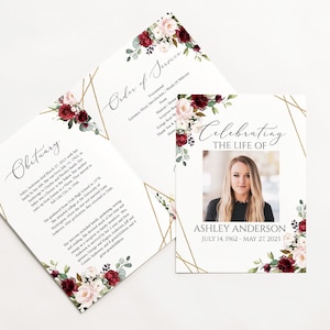 Celebration of life Funeral Program, Red Roses Funeral Program Template, Red Roses Memorial Program, Roses Obituary Funeral Mass Program R1
