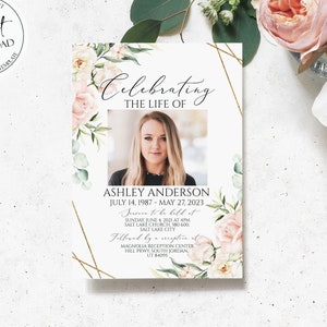 Invitación para celebrar la vida, invitación para funeral con rosas rosadas, plantilla de tarjeta para funeral con anuncio, invitación conmemorativa imprimible P4