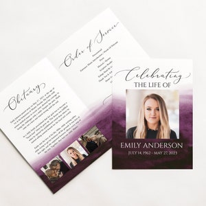 Celebration of life Funeral Program, Purple Watercolor Funeral Program Template, Memorial Program, Obituary Program, Funeral Mass Program