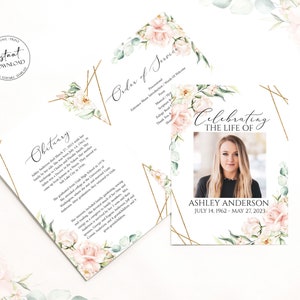 May include: A floral funeral announcement with a gold geometric frame. The announcement includes a photo of a woman, the text "Celebrating the Life of Ashley Anderson July 14, 1962 - May 27, 2023", and the words "Obituary" and "Order of Service".