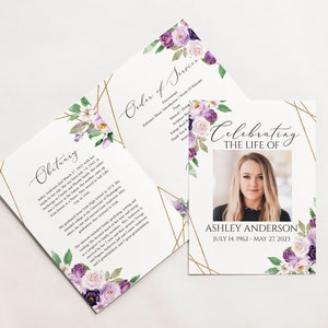 Celebration of Life Purple Funeral Program Template, Floral Purple Memorial Program, Purple Obituary Program Purple Funeral Mass Program P1