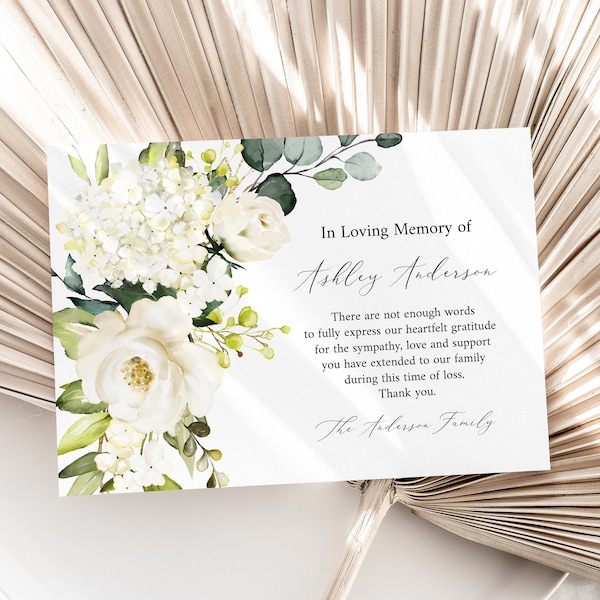 White Greenery Floral Funeral Thank you Cards, In Loving Memory Of Funeral Thank you, Printable Memorial Thank You Card,  Sympathy Cards