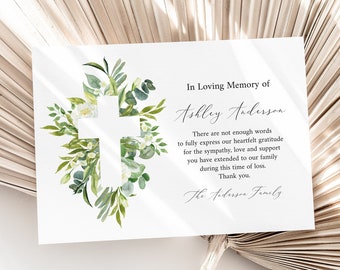 In Loving Memory Of Funeral bedankt, bloemen groen kruis begrafenis bedanksjabloon, afdrukbare Memorial Card, bewerkbare condoleancekaart GC