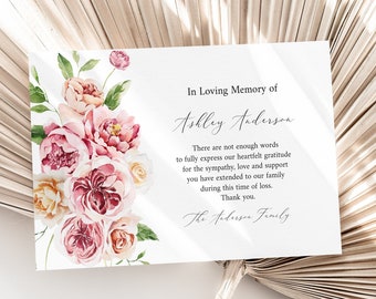 Blush Pink Funeral thank you card Template, Printable Pink Peonies Greenery In loving memory of Funeral Thank You, Editable Sympathy Card