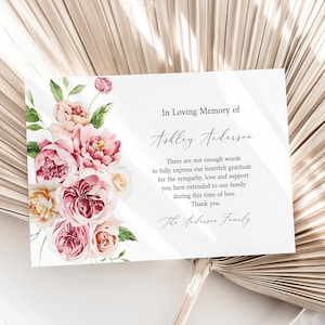 Modèle de carte de remerciement pour funérailles rose blush, imprimable pivoines roses verdure en souvenir des funérailles de remerciement, carte de sympathie modifiable