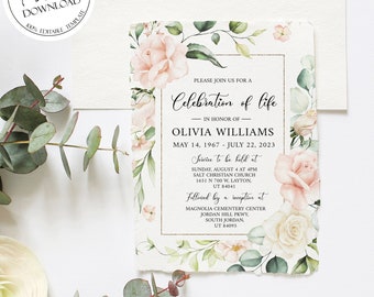 Celebration of life Invitation, Floral Funeral Invite, Funeral Announcement, Funeral Card Template, Printable Memorial Service Invitation P4