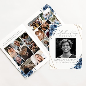 Modelo de programa funerário de 8 páginas, programa de celebração da vida, programa de memorial funerário floral azul, modelo de programa de obituário Royal Blue B2