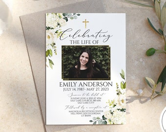 Celebration of life Funeral invitation, White Greenery Floral Funeral Card, Printable Gold Cross Funeral Announcement, Memorial invitation