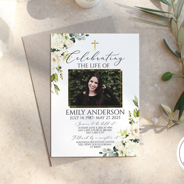 Celebration of life Funeral invitation, White Greenery Floral Funeral Card, Printable Gold Cross Funeral Announcement, Memorial invitation