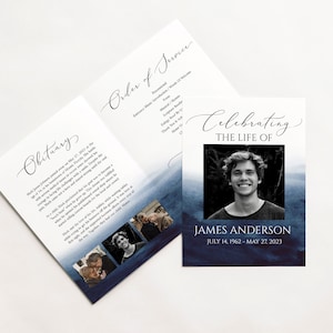 Celebration of Life Funeral Program, Blue Watercolor Ocean Funeral Memorial Program, Funeral Program Template for man, In Loving Memory