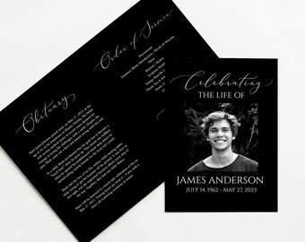 May include: Black and white funeral program with a photo of a man and the text "Celebrating the Life of James Anderson July 14, 1962 - May 27, 2023".