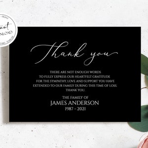 Tarjetas de agradecimiento funerarias negras, tarjetas de agradecimiento funerarias de celebración de la vida, tarjeta de agradecimiento conmemorativa negra imprimible, tarjetas de condolencia negras B3