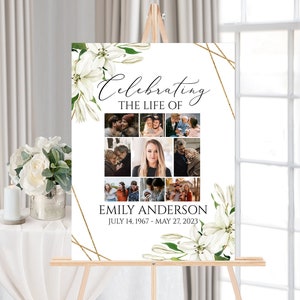 Celebration Of Life Multiple Photos Funeral Welcome Sign, Editable White Lilies Photo Collage Funeral Poster, Photo Memorial Service Sign
