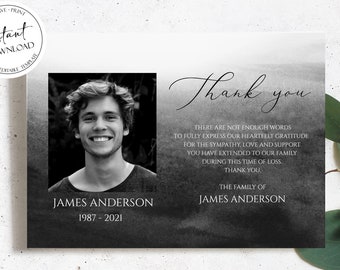 Black Watercolor Funeral Thank you Cards, Black Photo Funeral Thank You, Printable Black Memorial Thank You Card, Sympathy Thank you Cards