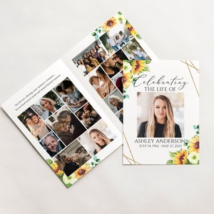 May include: A memorial card with a gold geometric frame and sunflower accents. The card features a photo of a woman and the text "Celebrating the life of Ashley Anderson July 14, 1962 - May 22, 2023".