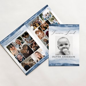 May include: A blue watercolor background with a photo collage of a baby boy on the left side and a single photo of the baby on the right side. The text "Forever Loved" is written in cursive above the photo on the right. The text "Oliver Anderson" is written below the photo, along with the dates "July 14, 2022 - May 27, 2023".