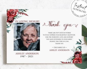 Burgundy Funeral Photo Thank You Cards, Memorial Card, Celebration of life, Printable Red Roses Funeral Thank You Card, Red Sympathy Card R2