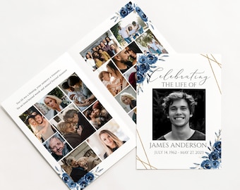 May include: A memorial card with a black and white photo of a young man. The card has a gold geometric design and blue flowers with the text "Celebrating the Life of James Anderson July 14, 1962 - May 27, 2021".