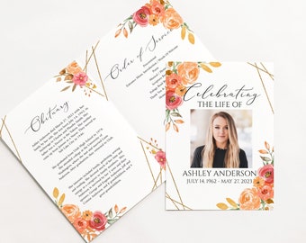 Celebration of life Funeral Program, Fall Funeral Program Template, Autumn Memorial Program, Orange Obituary Program Funeral Mass Program F2
