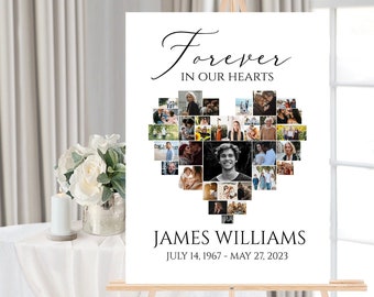 Celebration Of Life Heart Funeral Welcome Sign, Editable Heart Funeral Photo Collage Poster ,Heart Memorial Sign, Forever in our Hearts S1
