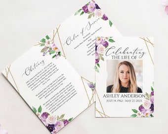 Celebration of Life Purple Funeral Program Template, Floral Purple Memorial Program, Purple Obituary Program Purple Funeral Mass Program P1