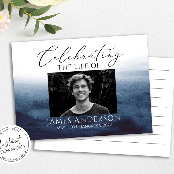 Celebration of life Blue Watercolor Funeral Guest Book Template, Printable Ocean Watercolor Remembrance Memorial Guest Book Condolence Book