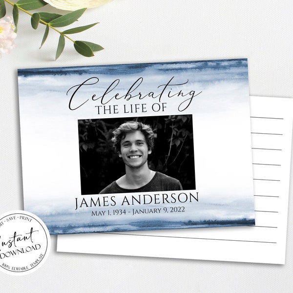 Celebration of life Blue Watercolor Funeral Guest Book Template Printable Blue Watercolor Remembrance Memorial Guest Book Condolence Book B4