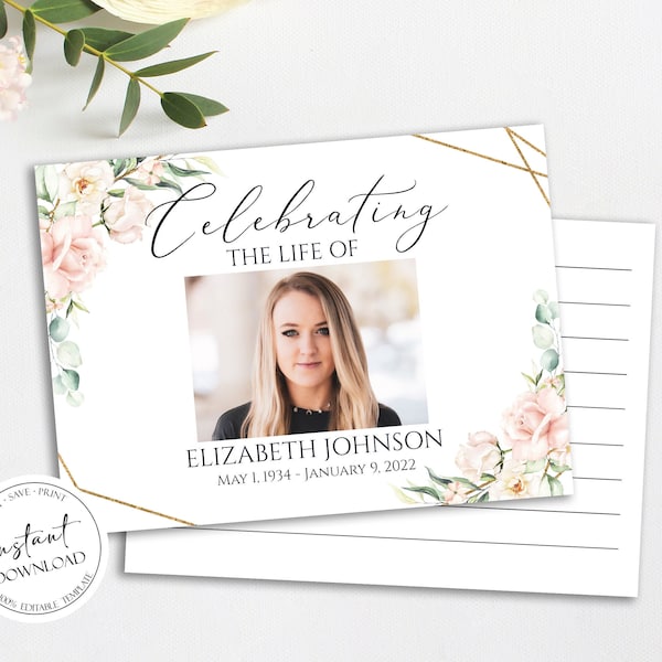 Celebration of life Blush Pink Funeral Guest Book Template, Printable Watercolor Roses Remembrance Memorial Guest Book Condolence Book P4