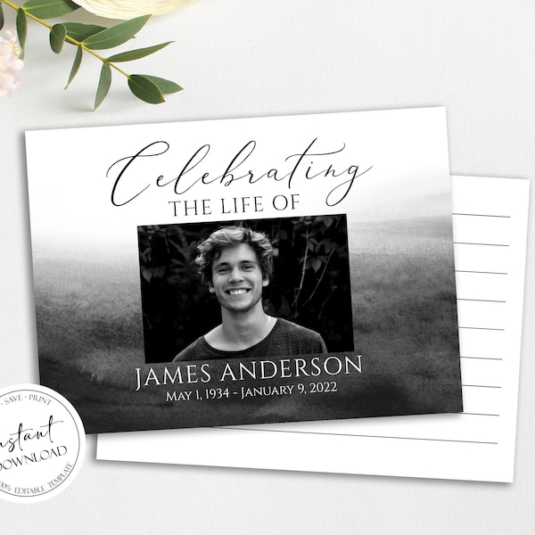 Celebration of life Black Watercolor Funeral Guest Book Template, Printable Black Watercolor Remembrance Memorial Guest Book Condolence Book