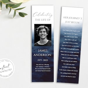 Blue Watercolor Funeral Bookmark Template, Celebration of Life Bookmark, Funeral Keepsake Cards, Ocean Memorial Bookmark, Obituary Bookmark