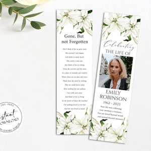 White Lilies Funeral Bookmark Template, Celebration of Life Bookmark, Funeral Keepsake Cards, Floral Memorial Bookmark, Obituary Bookmark