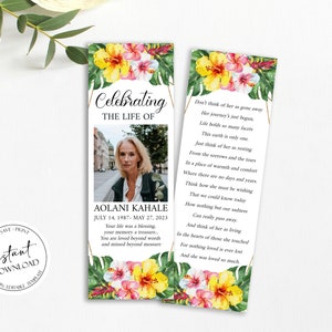 Tropical Funeral Bookmark Template, Hawaiian Plumeria Funeral Bookmark, Funeral Favors Keepsake Cards, Memorial Bookmark, Obituary Bookmark