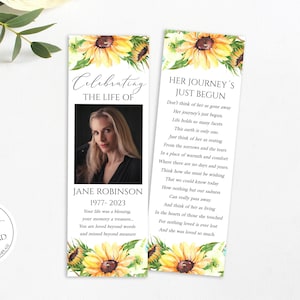 Sunflower Funeral Bookmark Template, Celebration of Life Bookmark, Funeral Keepsake Cards, Floral Memorial Bookmark, Obituary Bookmark