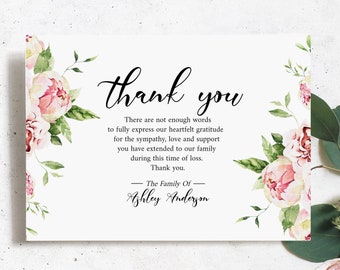 Celebration of life Blush Pink Peony Greenery Funeral Thank You Card Template Printable Pink Memorial Card Editable Pink Peony Sympathy Card