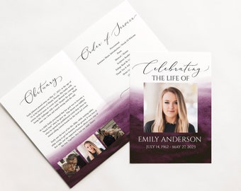 Celebration of life Funeral Program, Purple Watercolor Funeral Program Template, Memorial Program, Obituary Program, Funeral Mass Program