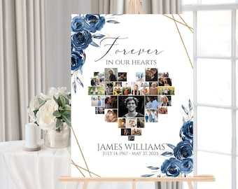 Celebration Of Life Heart Funeral Welcome Sign, Royal Blue Hearts Funeral Photo Collage Poster, Heart Memorial Sign Forever in our Hearts B2