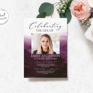 Celebration of life Funeral Invitation, Purple Watercolor Funeral Announcement, Funeral Card Template, Purple Memorial Service Invite women