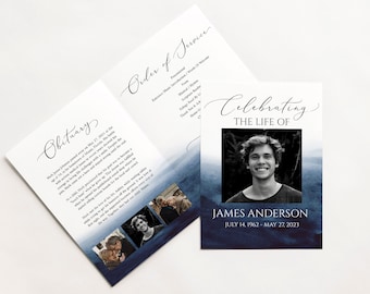Celebration of Life Funeral Program, Blue Watercolor Ocean Funeral Memorial Program, Funeral Program Template for man, In Loving Memory