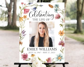Wildflower Celebration Of Life Funeral Welcome Sign, Meadow Garden Flower Obituary Memorial Sign, Editable Wildflower Funeral Poster W2