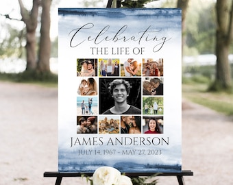 May include: A blue and white watercolor background with a collage of photos of a man. The text "Celebrating the Life of James Anderson July 14, 1967 - May 27, 2023" is printed below the photos.