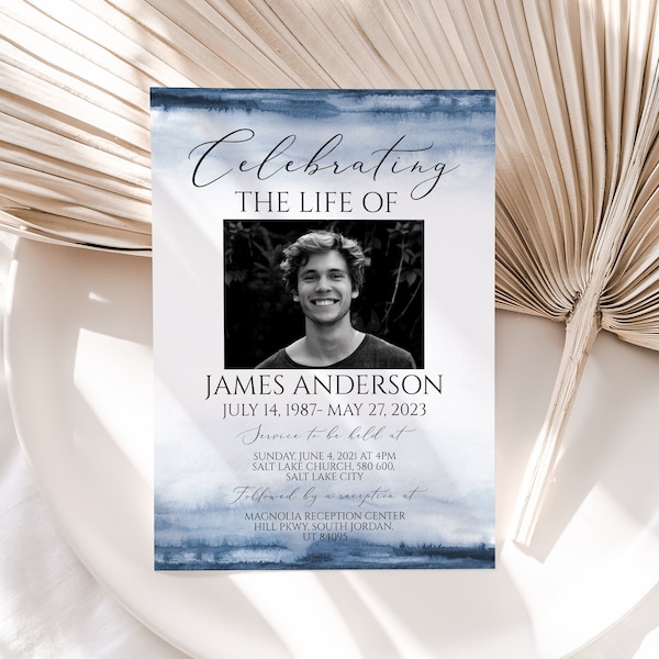 Celebration of life Blue Watercolor Funeral Invitation Template, Funeral Announcement for men Printable Boy Blue Memorial Service Invite B4